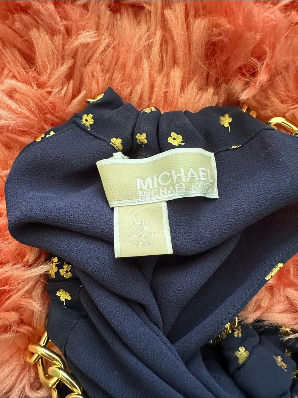 Michael Kors Chain Neck Metallic Print Trapeze Dress in True Navy and Gold Foil